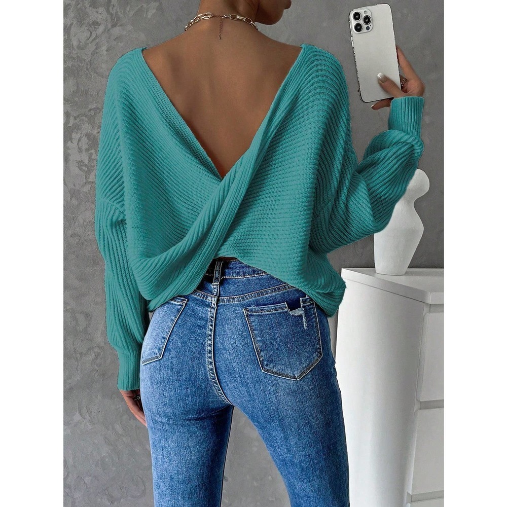 Minimalist Twist Back Drop Shoulder Boat Neck Sweater backless - Picture 5 of 11